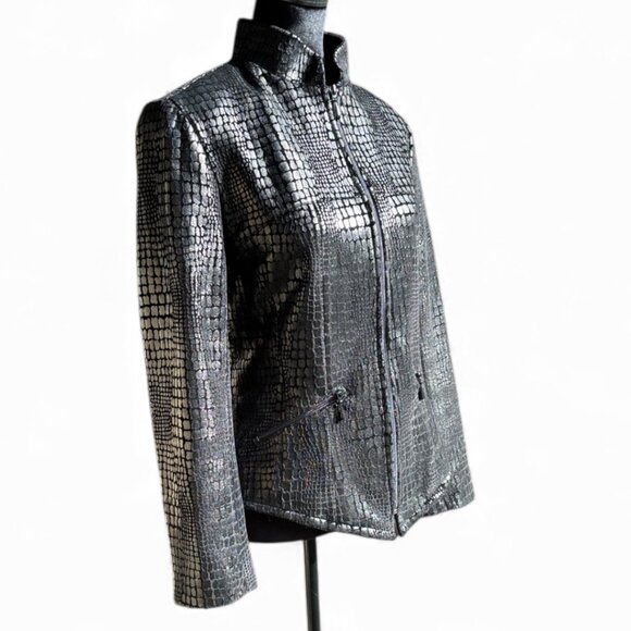 Vintage Lori Zoni 100% Silk Croc Embossed Zip Front Fitted Jacket Small - Picture 7 of 16